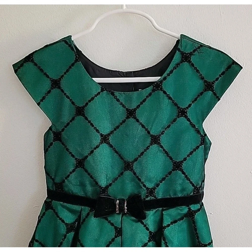 Jona Michelle Girls Dress 5 Emerald Green Satin Black Mesh Festive Holiday Party